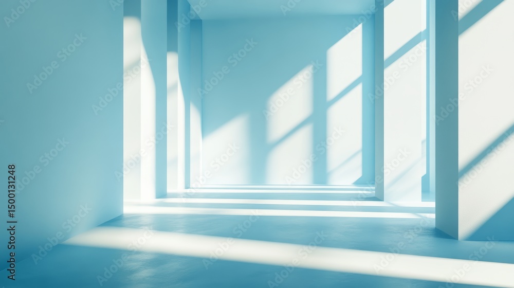 Poster sunlight streams through spacious modern architecture, creating a serene interplay of light and shad