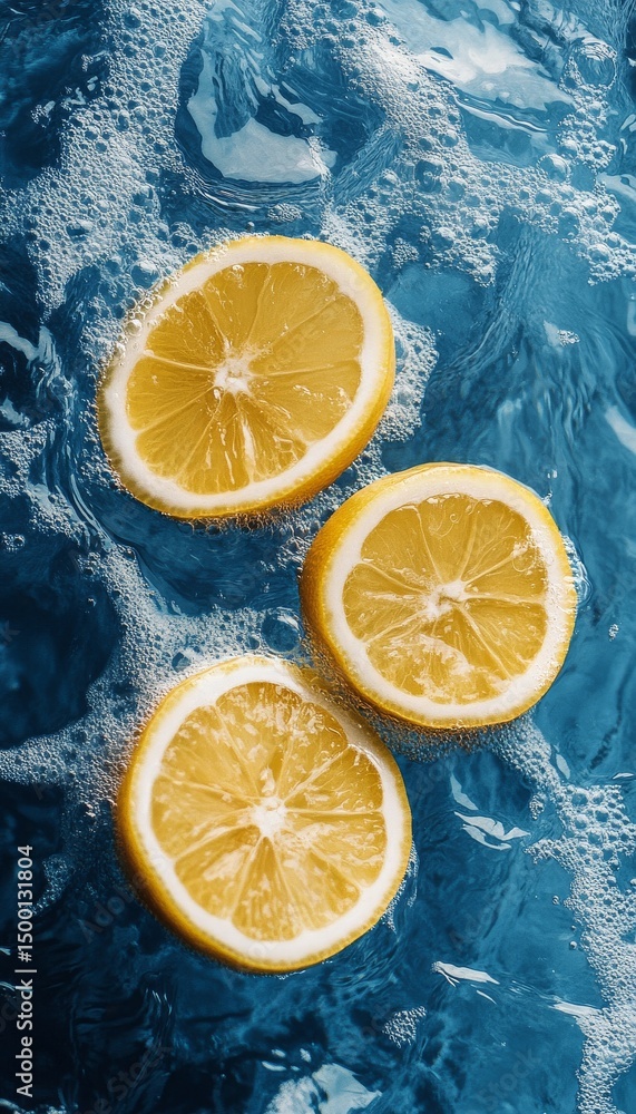 Poster fresh lemon slices floating in sparkling water with bubbles and vibrant colors