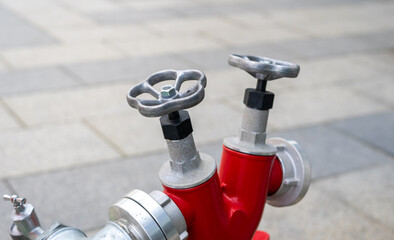 View of two head lush red color fire hydrant water valve pole beside street.