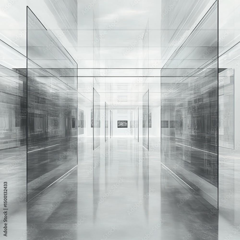 Poster exploring the ethereal space of modern architecture with glass walls and reflective surfaces in a mi