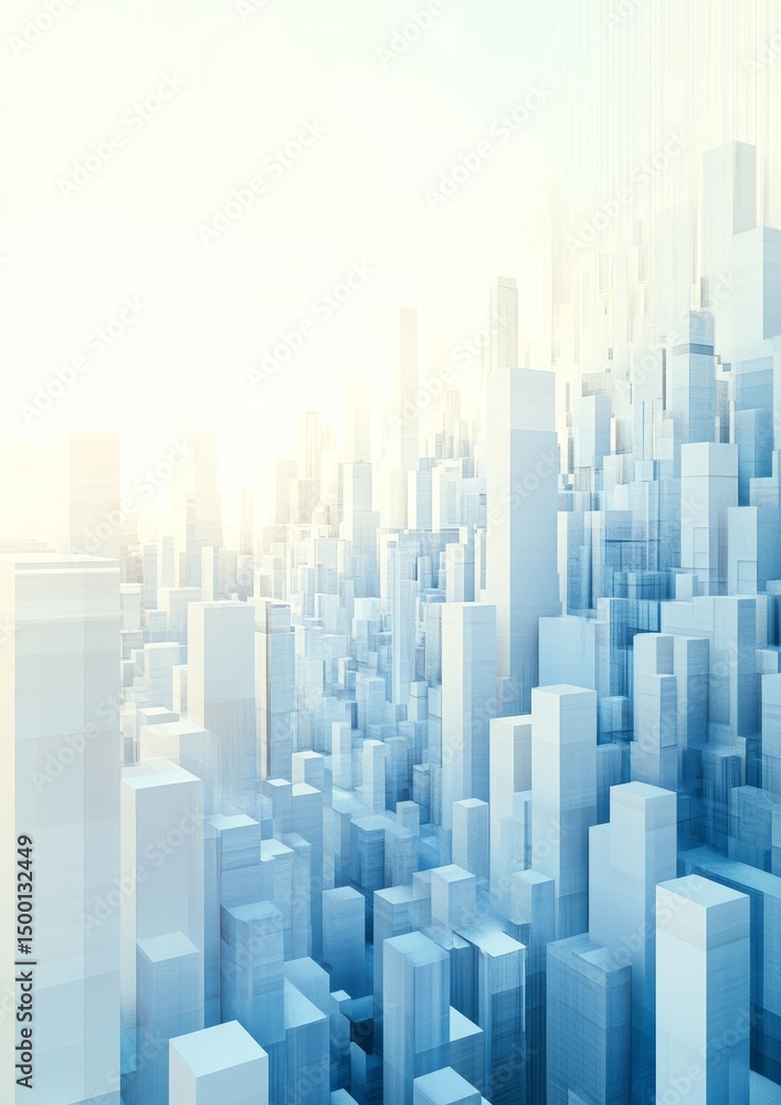 Poster exploring an abstract cityscape with ethereal light and translucent skyscrapers rising majestically 