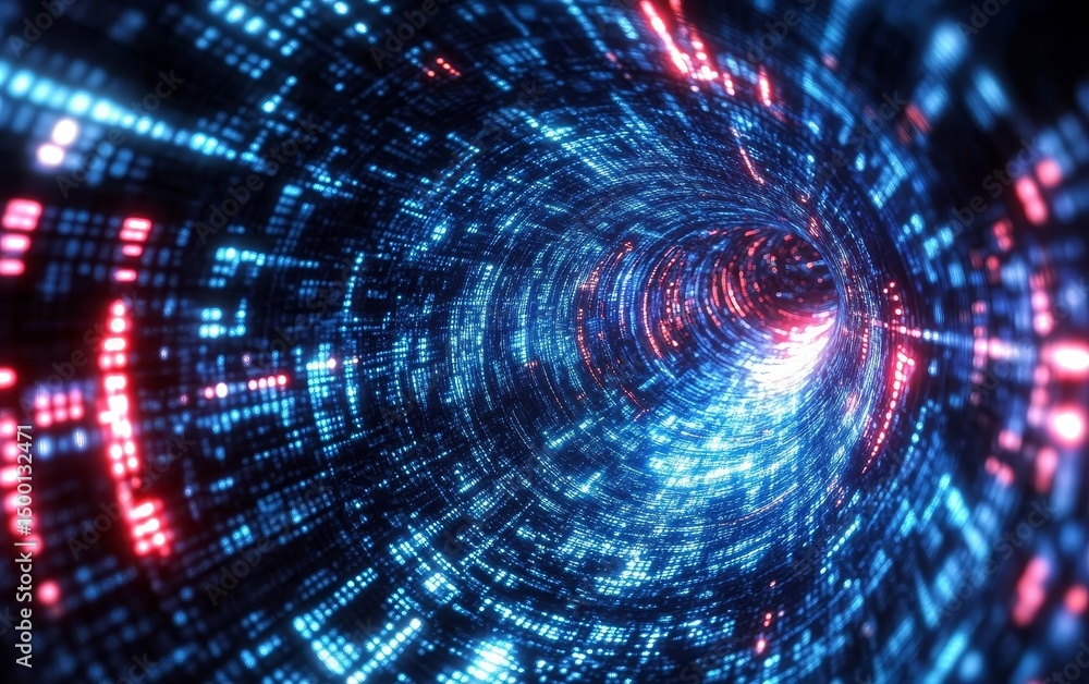 Poster journey through a vibrant digital vortex of light and color, capturing the essence of technology and