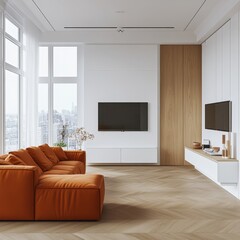 Cozy Urban Living Room Featuring Modern Design Elements and Large Windows With City Views During Daylight Hours