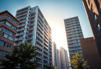Obraz premium Sleek, modern apartment building bathed in sunlight; sharp lines contrast older structures, building, brick