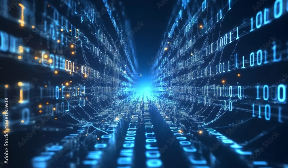 Poster digital landscape showcasing a futuristic tunnel of binary code illuminated by vibrant blue lights a