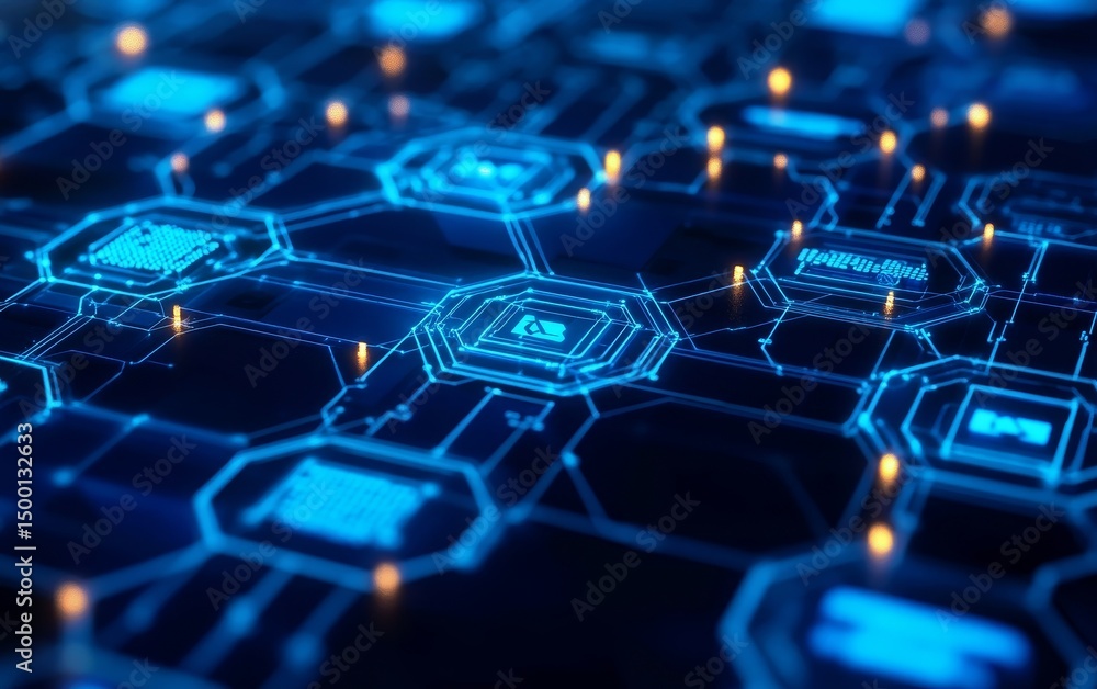 Poster exploration of a futuristic digital network highlighting interconnected nodes and vibrant blue circu