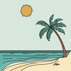 Tropical beach scene with palm tree and sun illustration