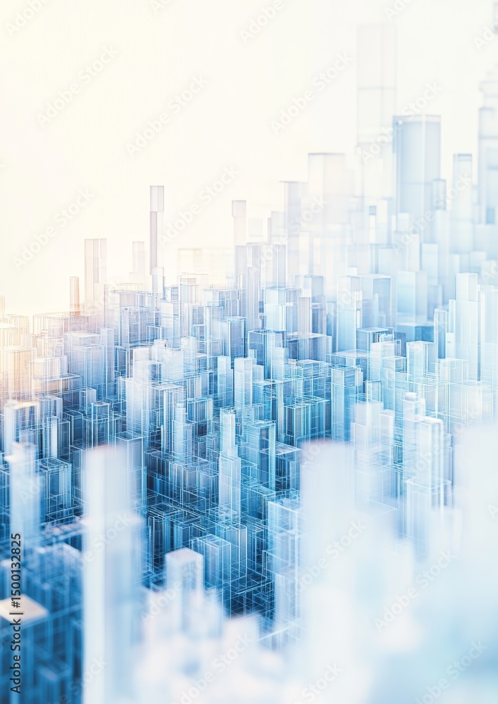 Aufkleber captivating abstract cityscape with layers of translucent buildings reflecting soft light at dawn, c