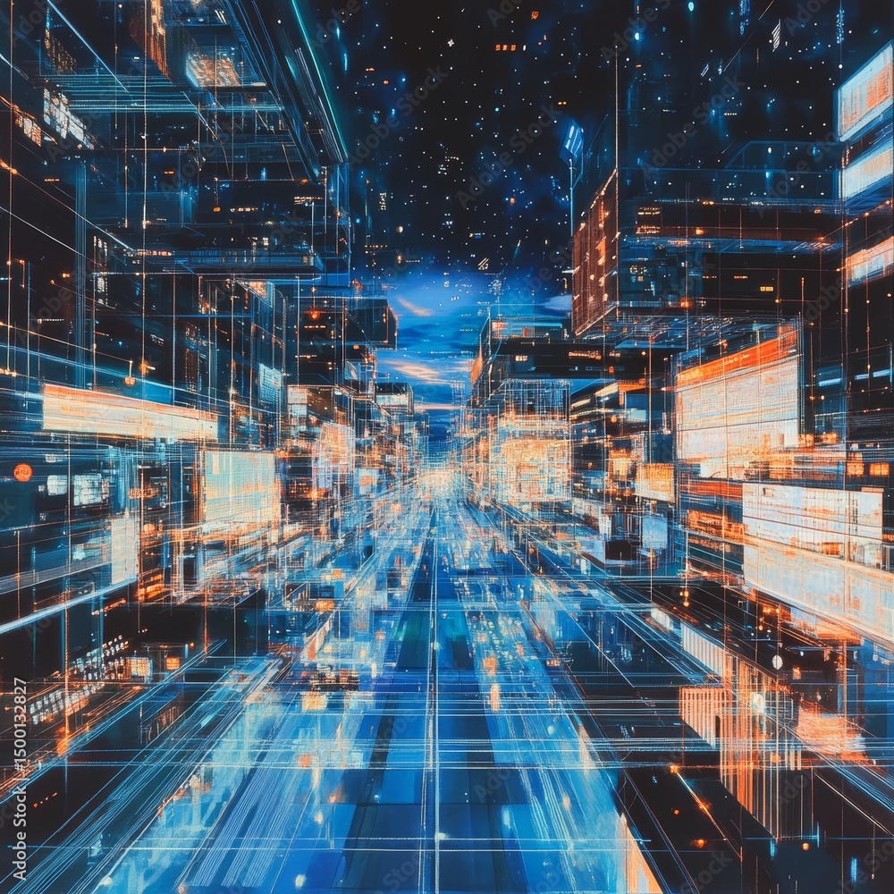 Aufkleber visions of the digital cityscape weaving through a virtual reality of glowing pathways and futuristi