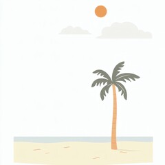 Tropical beach scene with palm tree, sun and clouds illustration
