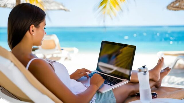 Digital Nomad Lifestyle: Woman Working Remotely on Laptop at Tropical Beach. Freelancer Travel, Online Business, 4K Video Footage.