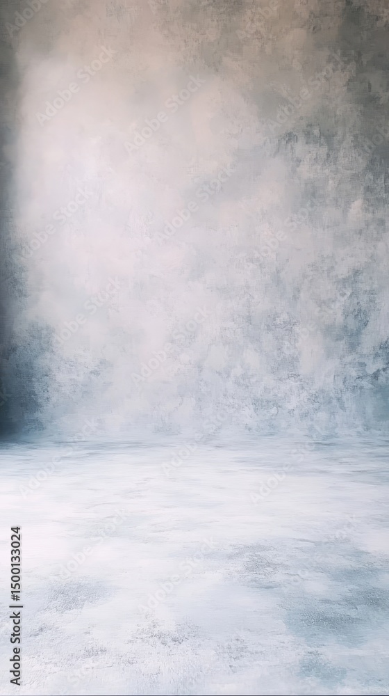 Poster soft mist envelops an ethereal space with tranquil hues, inviting serene reflection at dusk in an en