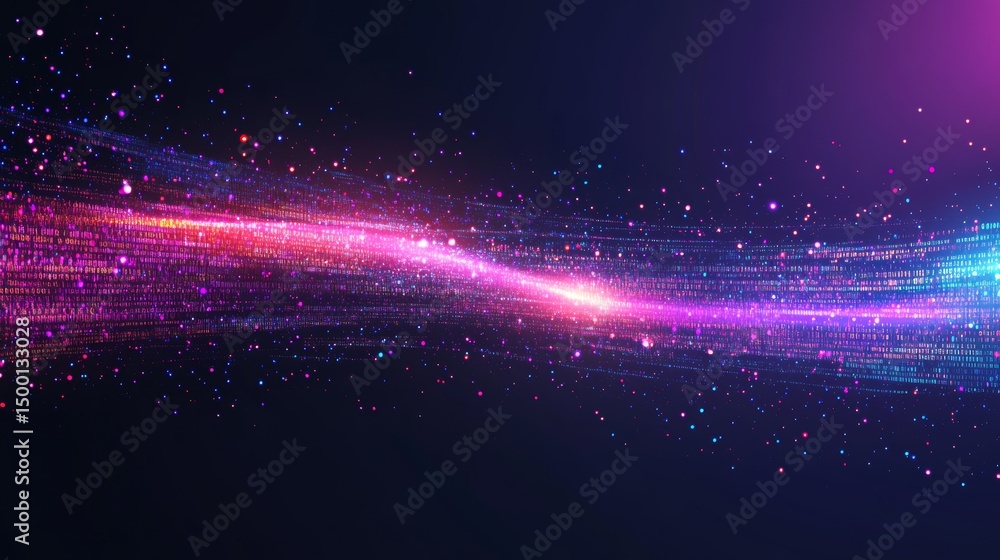 Poster vibrant waves of light and color dance across a digital landscape at twilight, creating an enchantin