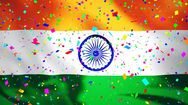 India celebration animated flag, national symbol waving in fountain of colorful confetti particles