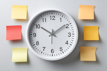 A simple clock and sticky notes on a grey surface, symbolizing time management and deadlines