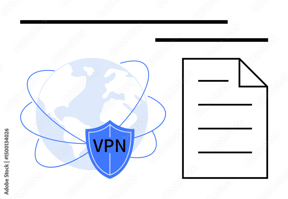 Poster globe with orbital lines and shield marked vpn beside a document outline with text lines. ideal for 