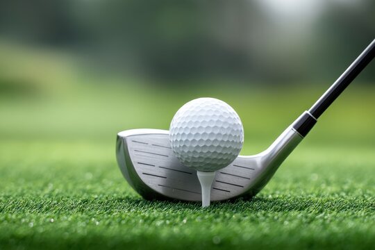 Golf ball on a tee, ready to be hit by a club on a green course, golf club about to hit golf ball on tee.