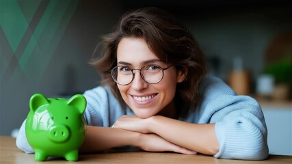 Smiling woman inspires financial confidence while reflecting on savings with a cheerful piggy bank at home - Powered by Adobe