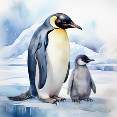 Obraz premium Kaiserpinguin in Aquarell – arktische Eleganz in Pastellfarben