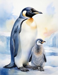 Obraz premium Kaiserpinguin in Aquarell – arktische Eleganz in Pastellfarben