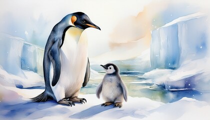 Fototapeta premium Kaiserpinguin in Aquarell – arktische Eleganz in Pastellfarben