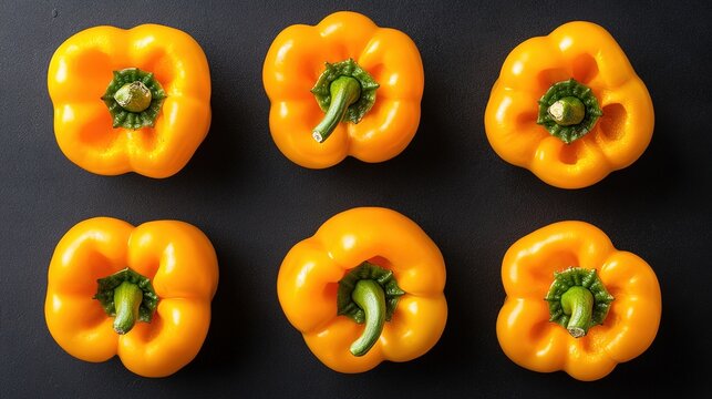 A collection of vibrant yellow bell peppers cut into rings, placed on a transparent background with both top and side views. 