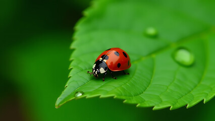 image shows red black ladybug perched atop green leaf water droplets glistening surface background slightly
