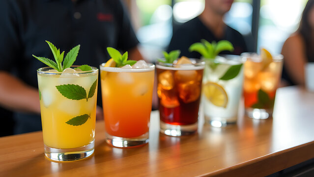 image shows row glasses filled different types drinks top wooden table glasses filled ice cubes lemon
