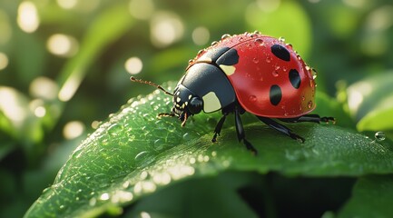 Naklejka premium Colorful Beetle With Droplets on Green Leaf in a Vibrant Garden During a Sunny Afternoon