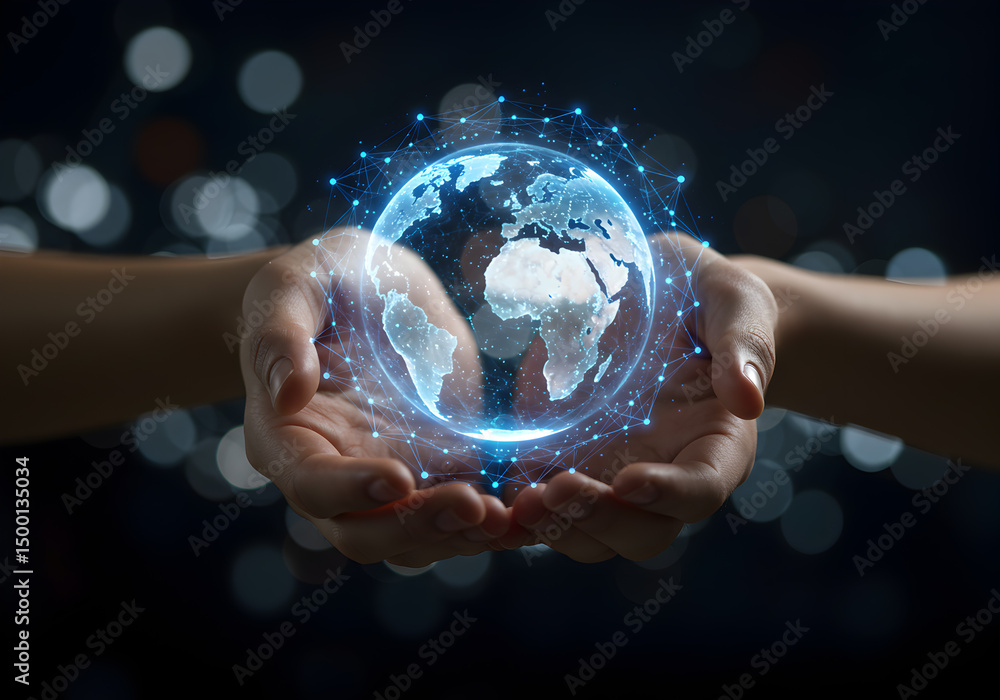 Aufkleber globalization technology networking concept hands holding digital earth connection worldwide network
