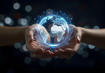 Globalization technology networking concept hands holding digital earth connection worldwide network