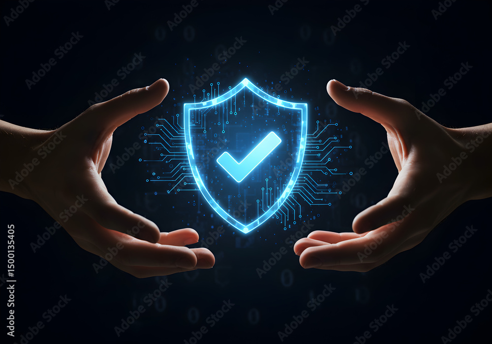Poster cybersecurity protection shield with hands for data privacy and network security concept design 100