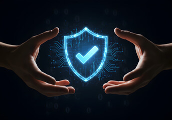 Cybersecurity protection shield with hands for data privacy and network security concept design 100
