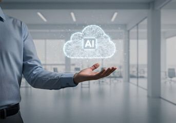 Ai cloud computing concept man holding digital cloud technology innovation and transformation future 100