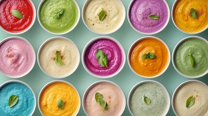 Naklejka premium Colorful soups are displayed in white bowls, each garnished with a single basil leaf, set against a light green surface.
