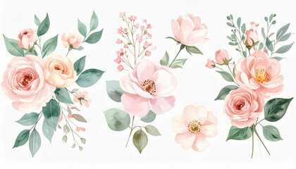 Fototapeta premium Beautiful watercolor arrangement of soft pink and peach flowers with green leaves, perfect for decoration and design use in various artistic projects and materials