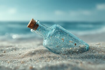 A translucent blue glass bottle with a cork stopper rests on a sandy beach, with small shells, against a blurred ocean and sky backdrop, conveying a sense of mystery.