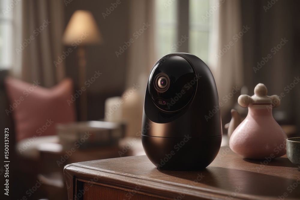 Poster elegant security camera placed on a wooden table, blends seamlessly with a home decor, adding a touc