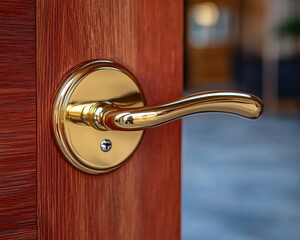 Open wood door with shiny gold handle, blurry background