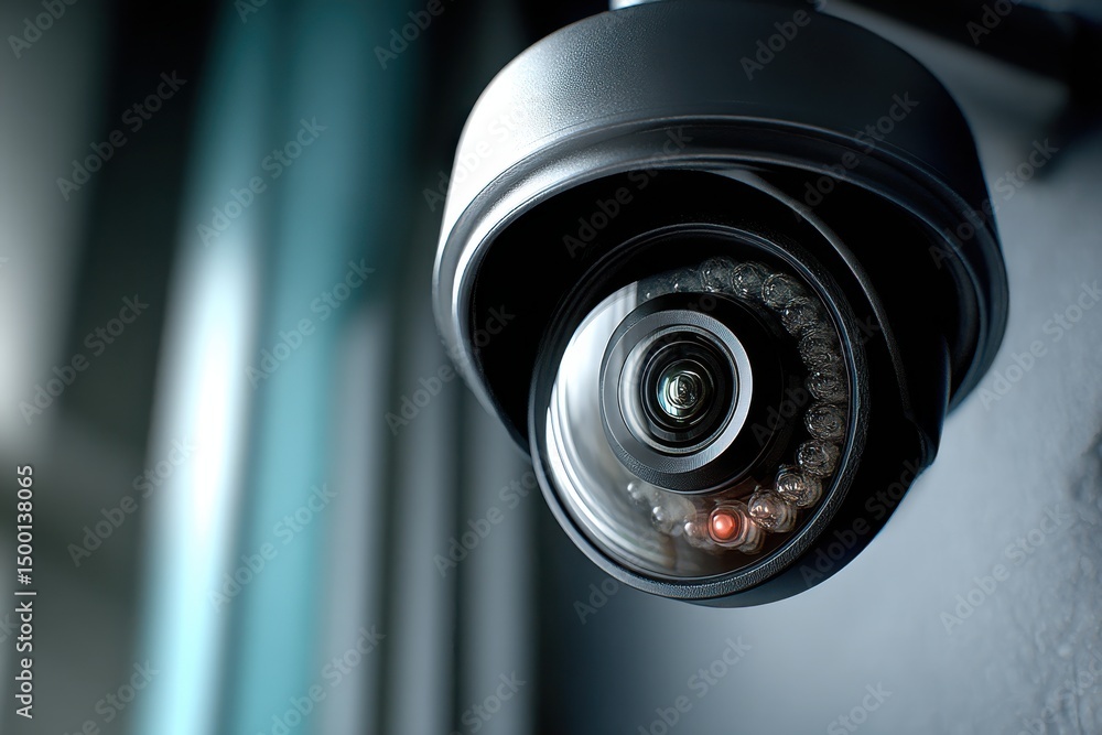 Poster a close-up shot of a modern cctv security camera with infrared leds providing surveillance, monitori