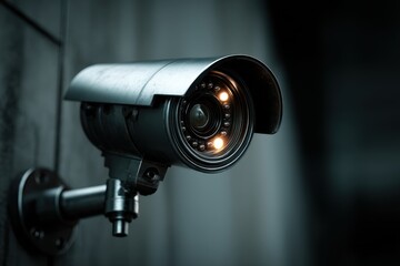 A modern metallic security camera with infrared LEDs mounted on a concrete wall, providing enhanced surveillance for safety and property protection with its watchful eye.