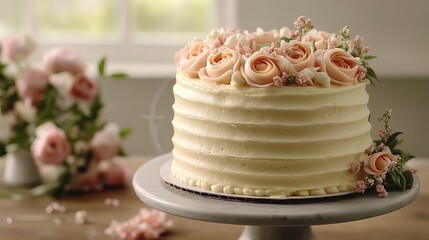 Naklejka premium Decorated buttercream cake sits on a marble stand, adorned with pink roses and smaller flowers on a blurred wooden surface.