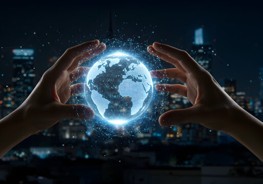 Visualizing global network connection technology world hands holding digital earth hologram innovation
