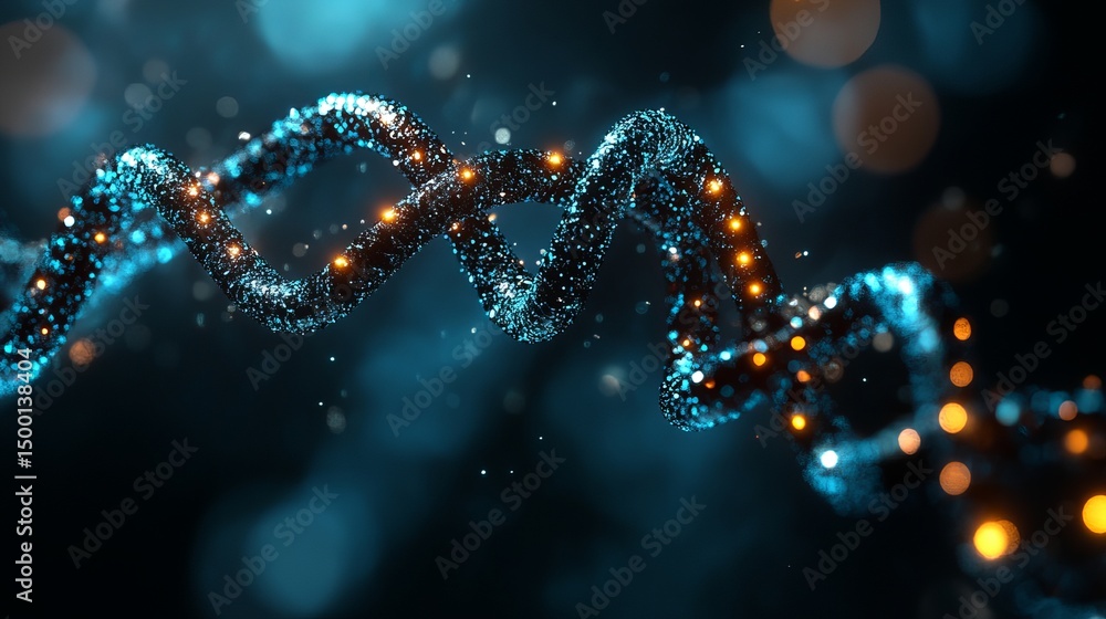 Poster digital dna strand is displayed twisting with blue and orange particle effects on a dark background.