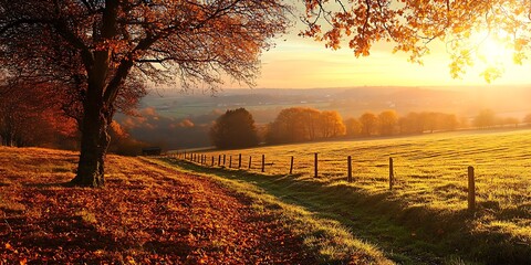 
Sunset over farmland and trees in autumn with golden brown leaves on the trees in England, UK.

