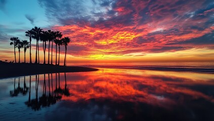 Dramatic sunset over calm ocean, palm trees reflected