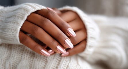 Elegant Close-Up of Manicured Hands Showcasing Shimmery Pink Nails Against a Cozy Sweater Backdrop