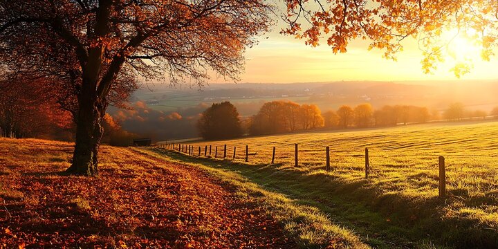 
Sunset over farmland and trees in autumn with golden brown leaves on the trees in England, UK.

