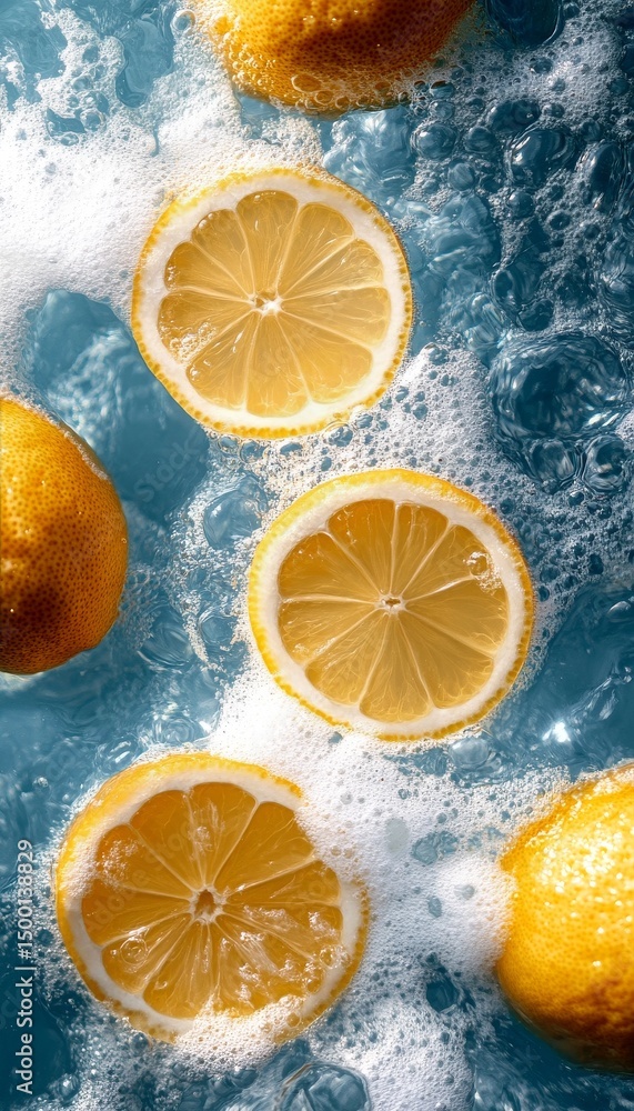 Poster fresh lemon slices floating in sparkling water with bubbles and vibrant colors