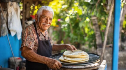 Aged Latino cook making pupusas in backyard outdoors. Concepts of Latin American food, hospitality, Tex Mex, national food, welcomeness, fusion, old age, man cooking